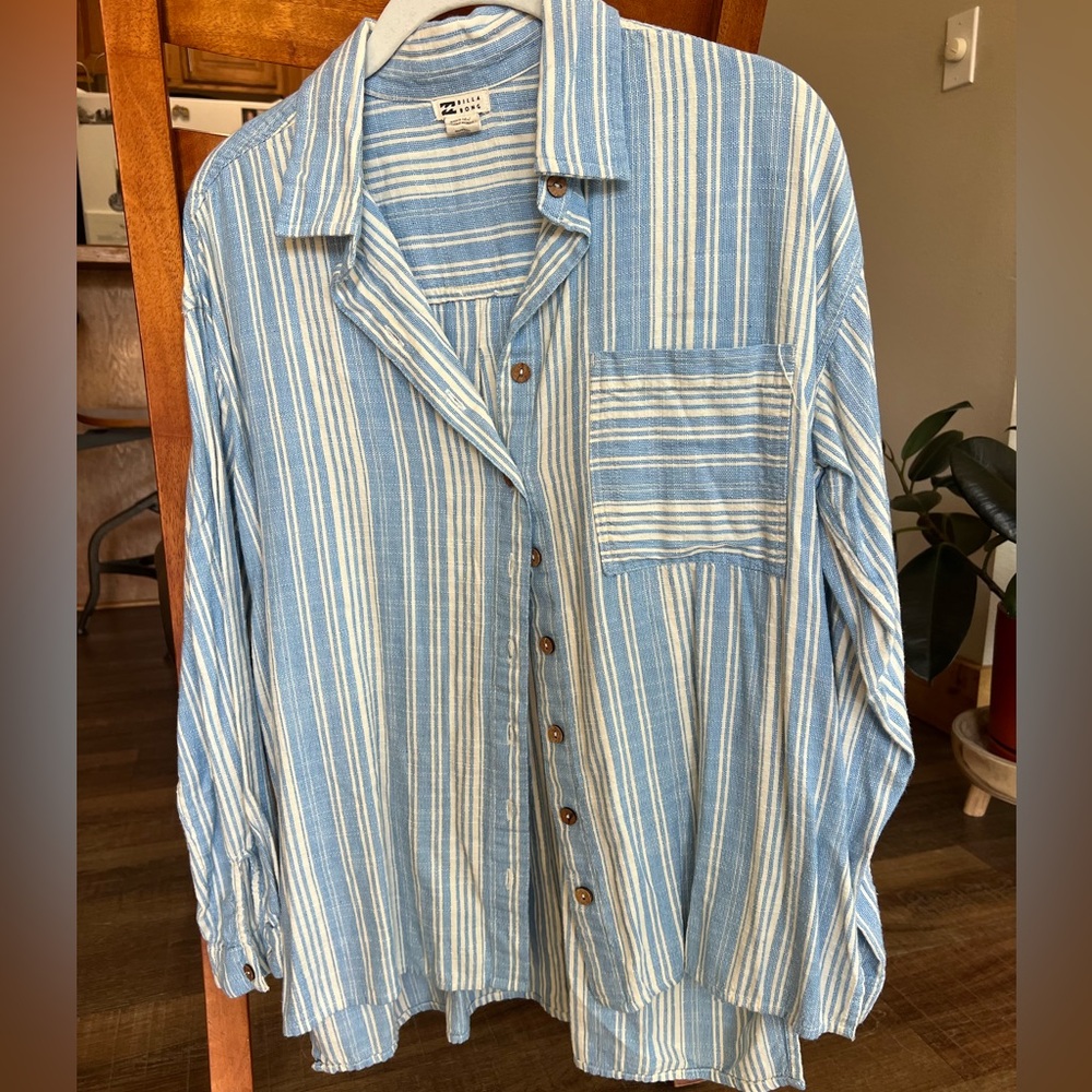 Billabong Blue and White Striped Women's Button Down Shirt